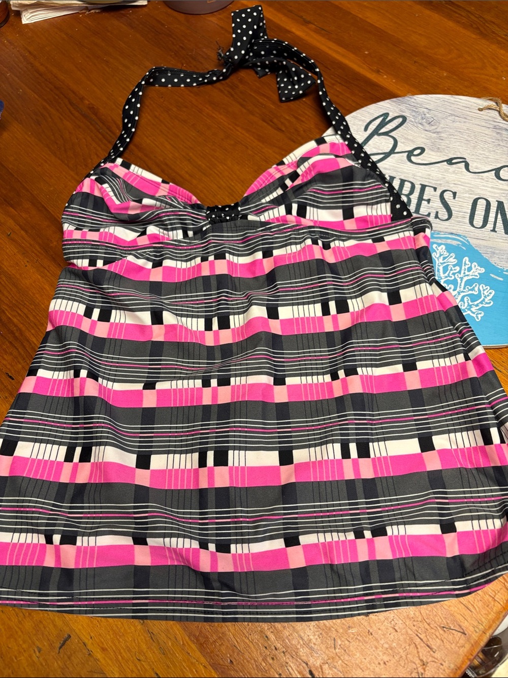 Candie's Pink Black White Striped Tankini Top
